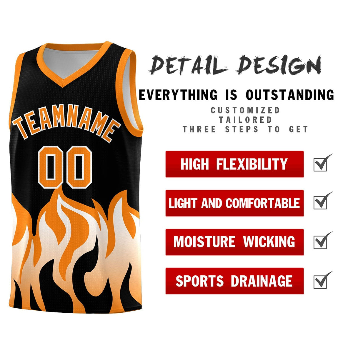 Custom Black Orange Hem Flame Pattern Fashion Sports Uniform Basketball Kits