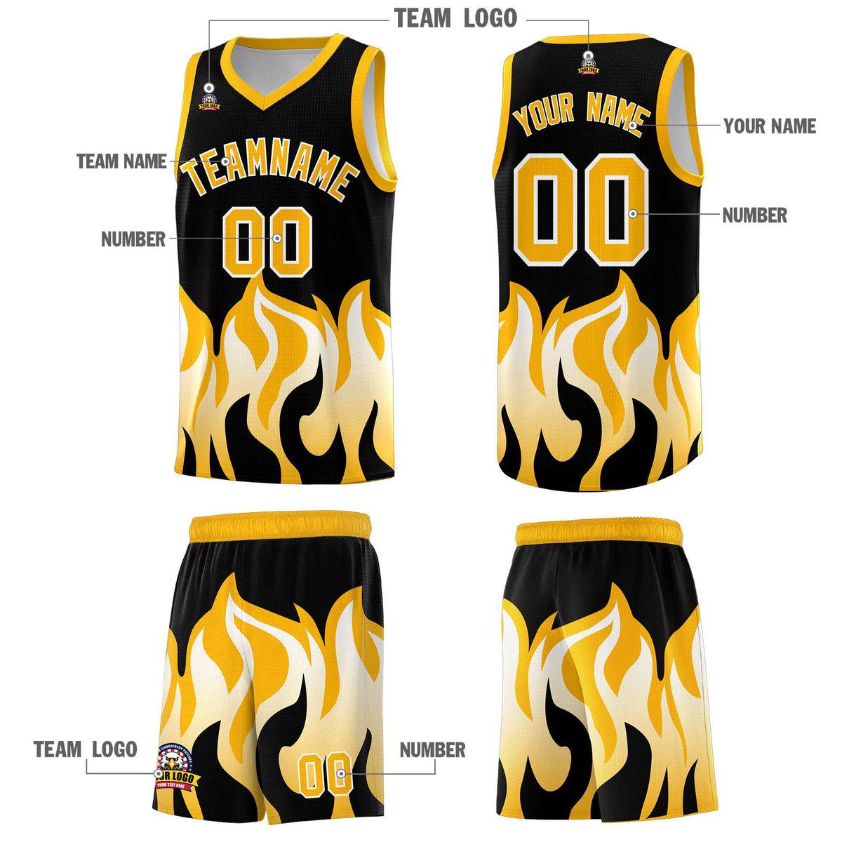 Custom Black Yellow Hem Flame Pattern Fashion Sports Uniform Basketball Kits
