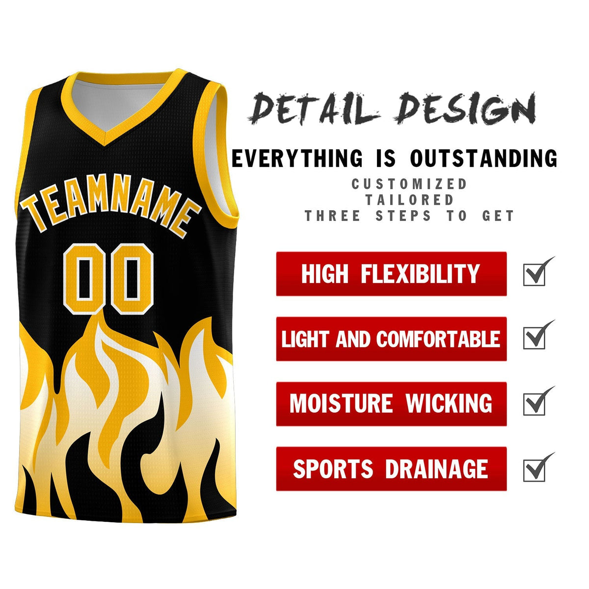 Custom Black Yellow Hem Flame Pattern Fashion Sports Uniform Basketball Kits