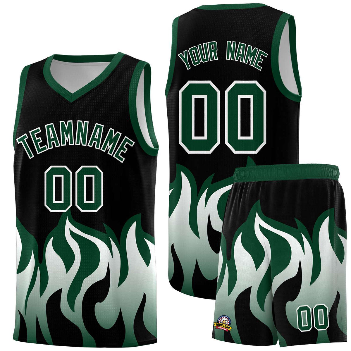 Custom Black Hunter Green Hem Flame Pattern Fashion Sports Uniform Basketball Kits