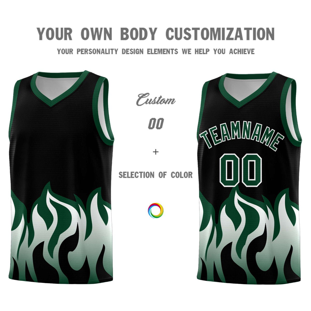 Custom Black Hunter Green Hem Flame Pattern Fashion Sports Uniform Basketball Kits