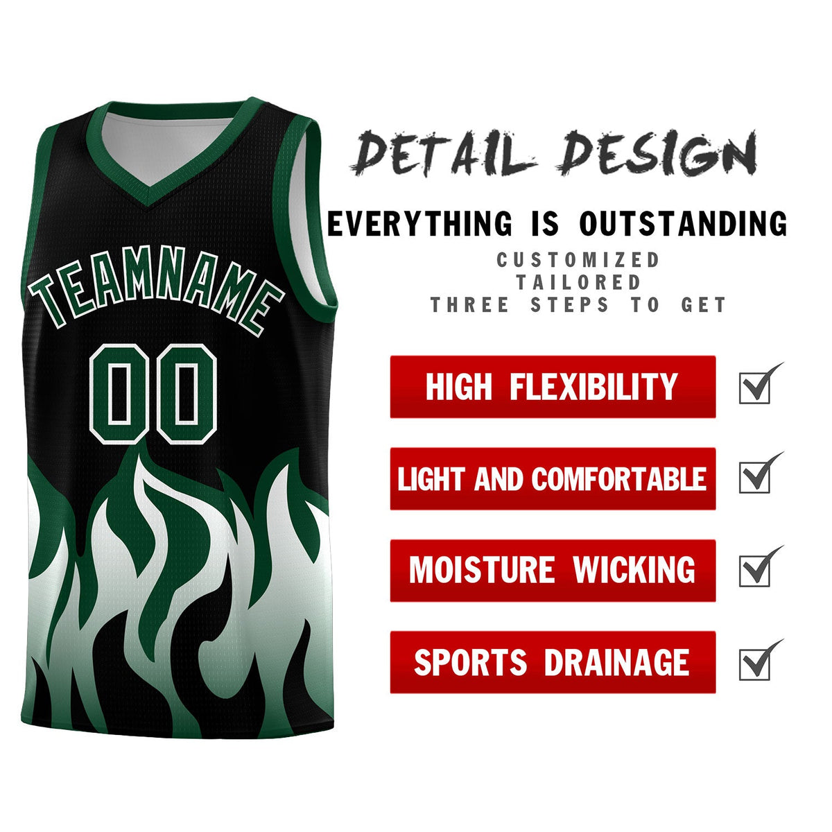Custom Black Hunter Green Hem Flame Pattern Fashion Sports Uniform Basketball Kits