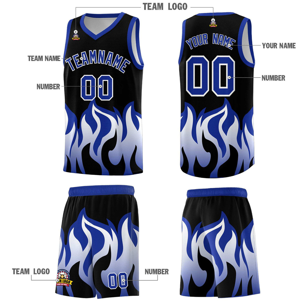 Custom Black Royal Hem Flame Pattern Fashion Sports Uniform Basketball Kits
