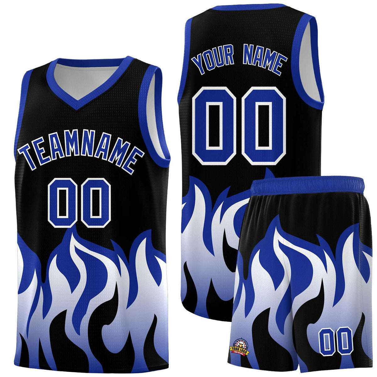 Custom Black Royal Hem Flame Pattern Fashion Sports Uniform Basketball Kits