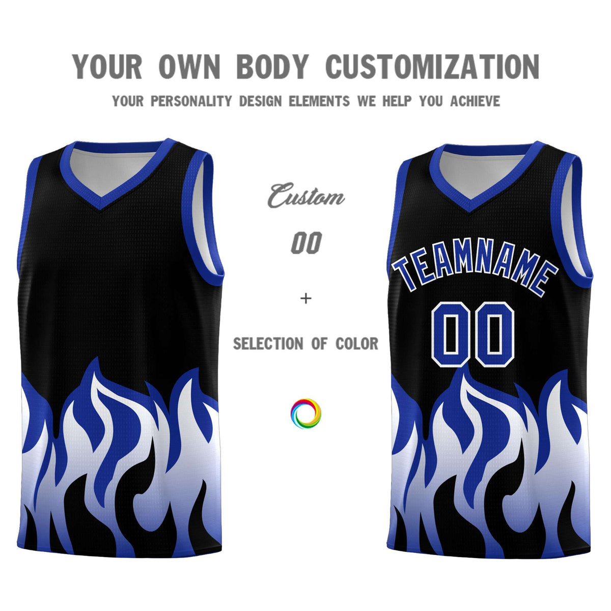 Custom Black Royal Hem Flame Pattern Fashion Sports Uniform Basketball Kits