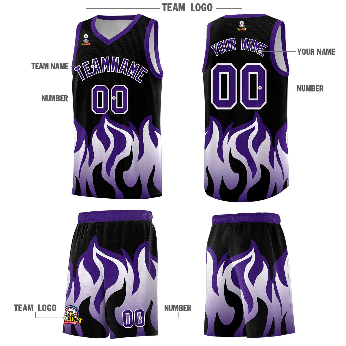 Custom Black Purple Hem Flame Pattern Fashion Sports Uniform Basketball Kits