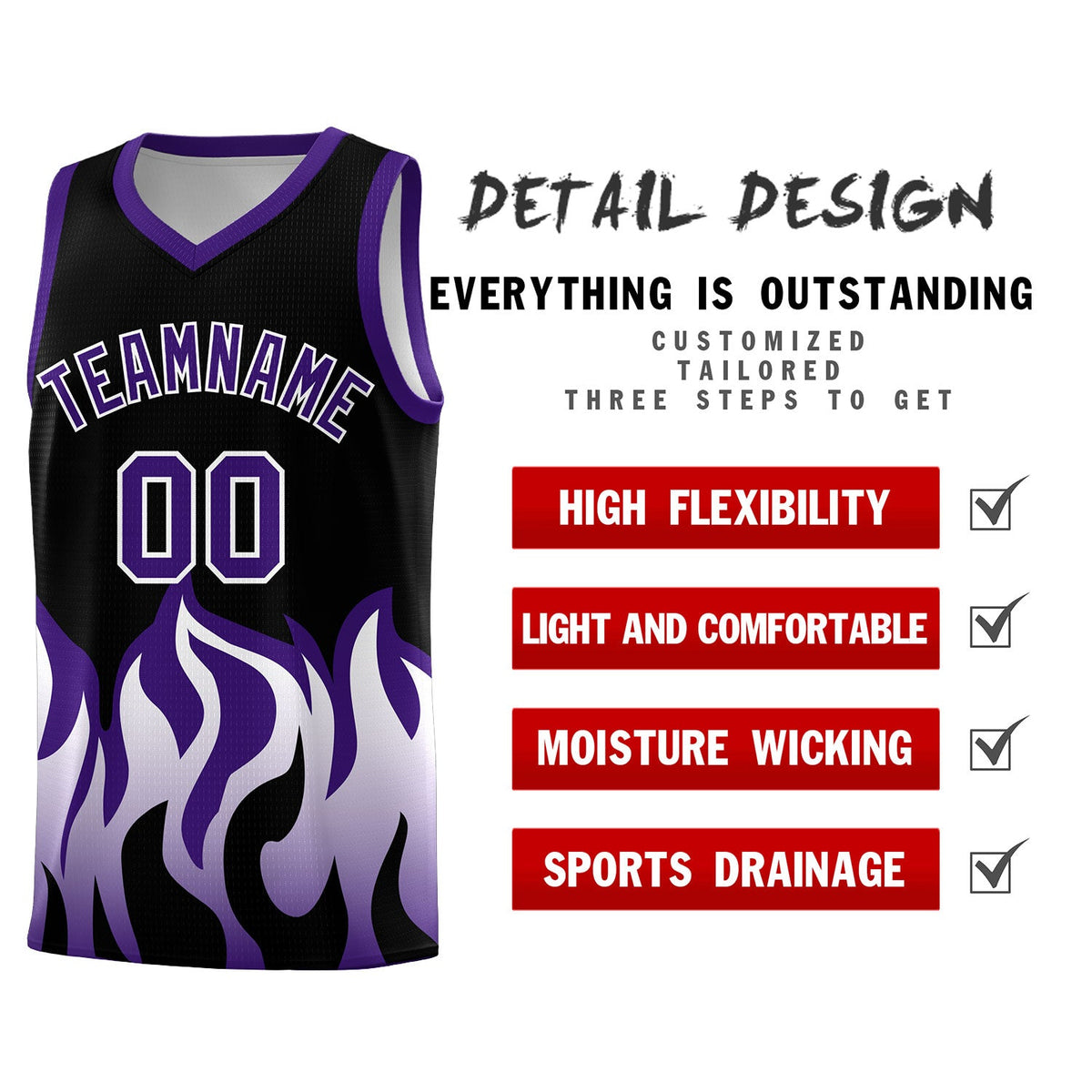 Custom Black Purple Hem Flame Pattern Fashion Sports Uniform Basketball Kits