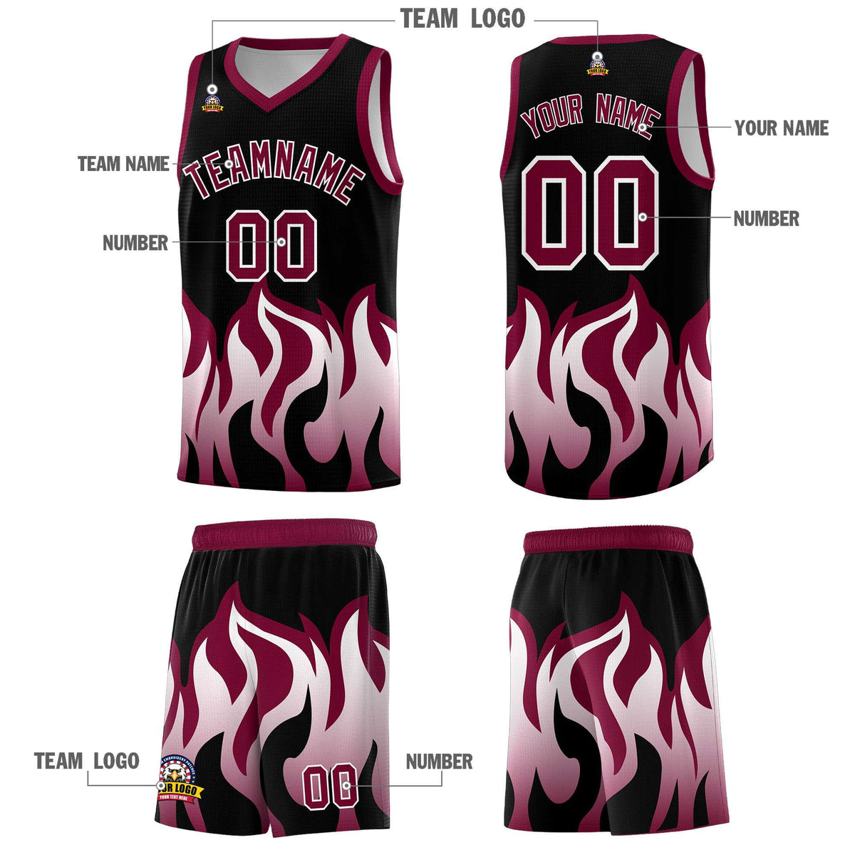Custom Black Crimson Hem Flame Pattern Fashion Sports Uniform Basketball Kits