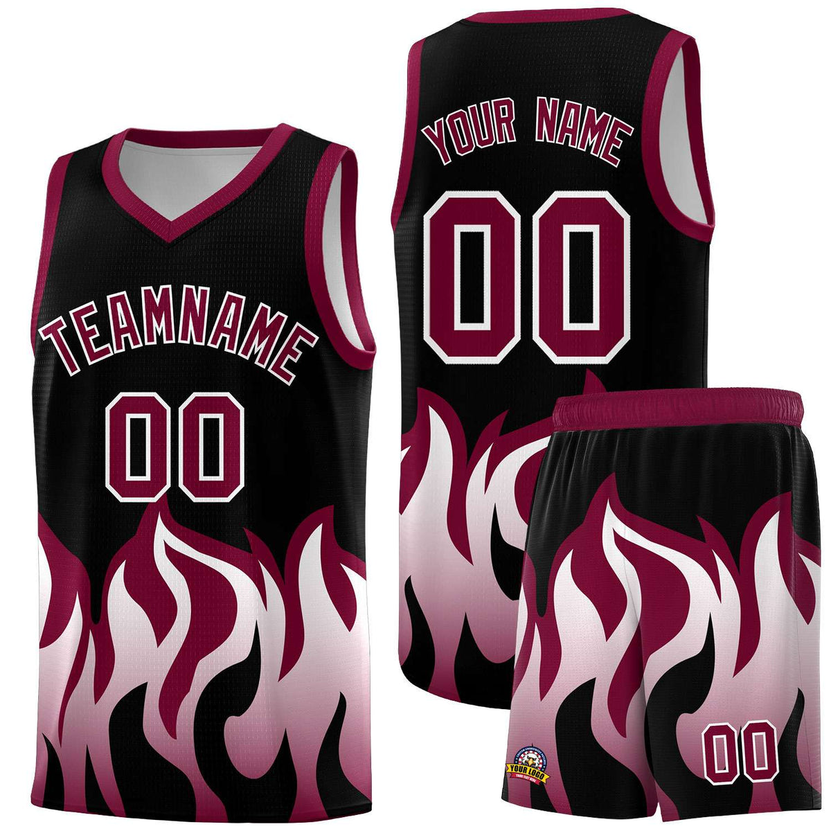 Custom Black Crimson Hem Flame Pattern Fashion Sports Uniform Basketball Kits