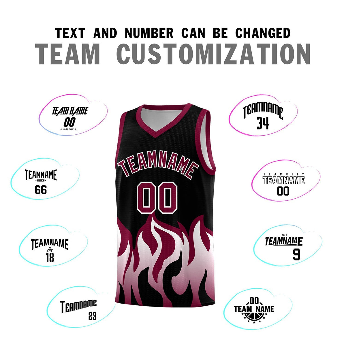 Custom Black Crimson Hem Flame Pattern Fashion Sports Uniform Basketball Kits