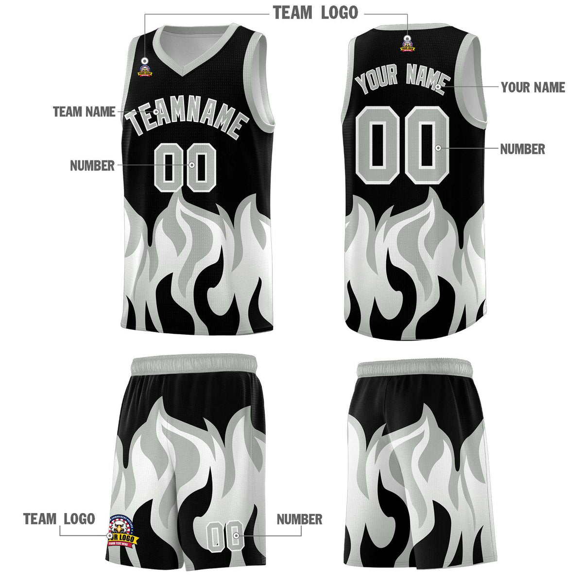 Custom Black Gray Hem Flame Pattern Fashion Sports Uniform Basketball Kits