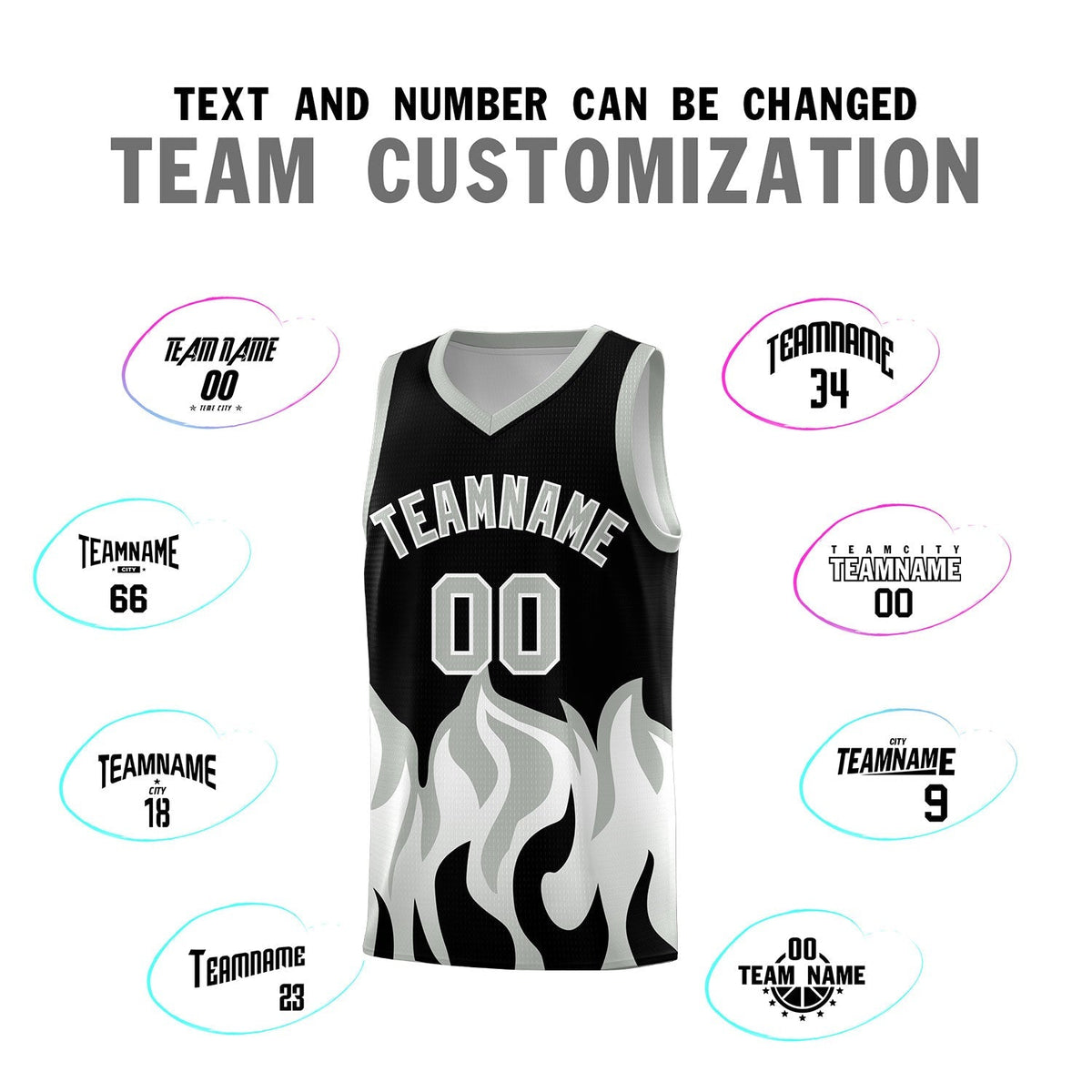 Custom Black Gray Hem Flame Pattern Fashion Sports Uniform Basketball Kits