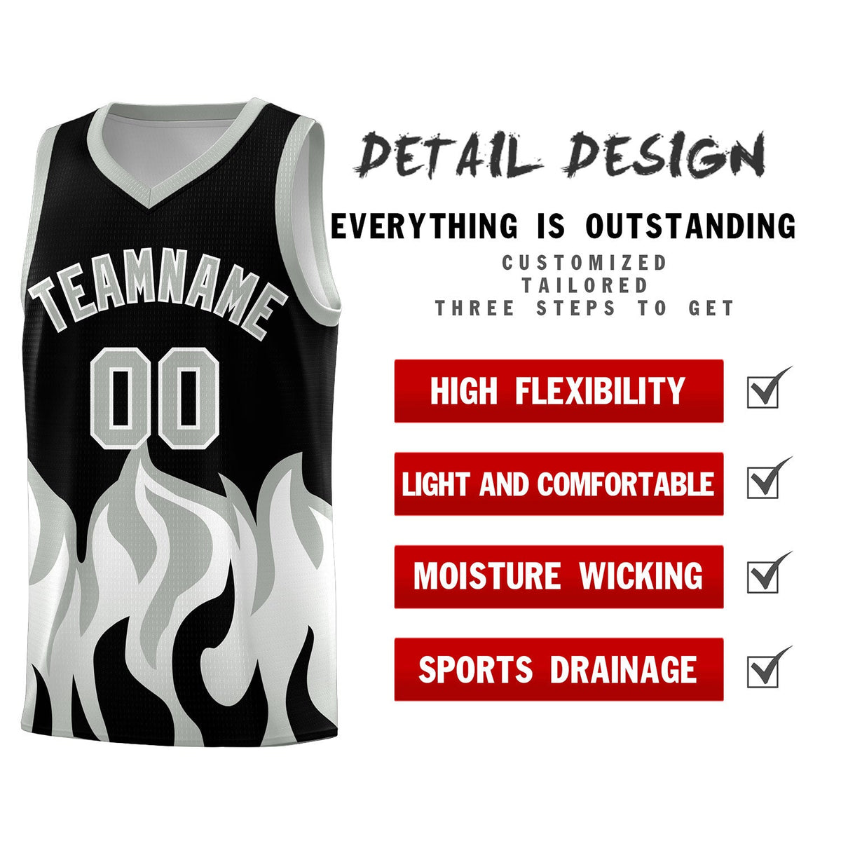 Custom Black Gray Hem Flame Pattern Fashion Sports Uniform Basketball Kits