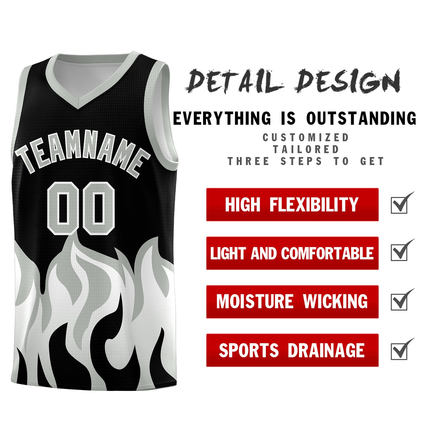 Custom Black Gray Hem Flame Pattern Fashion Sports Uniform Basketball Kits