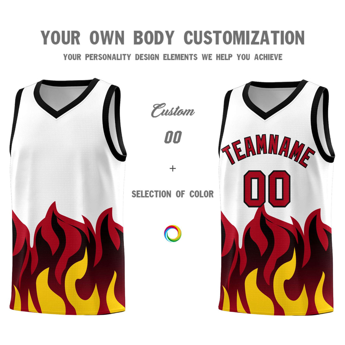 Custom White Red Hem Flame Pattern Fashion Sports Uniform Basketball Kits