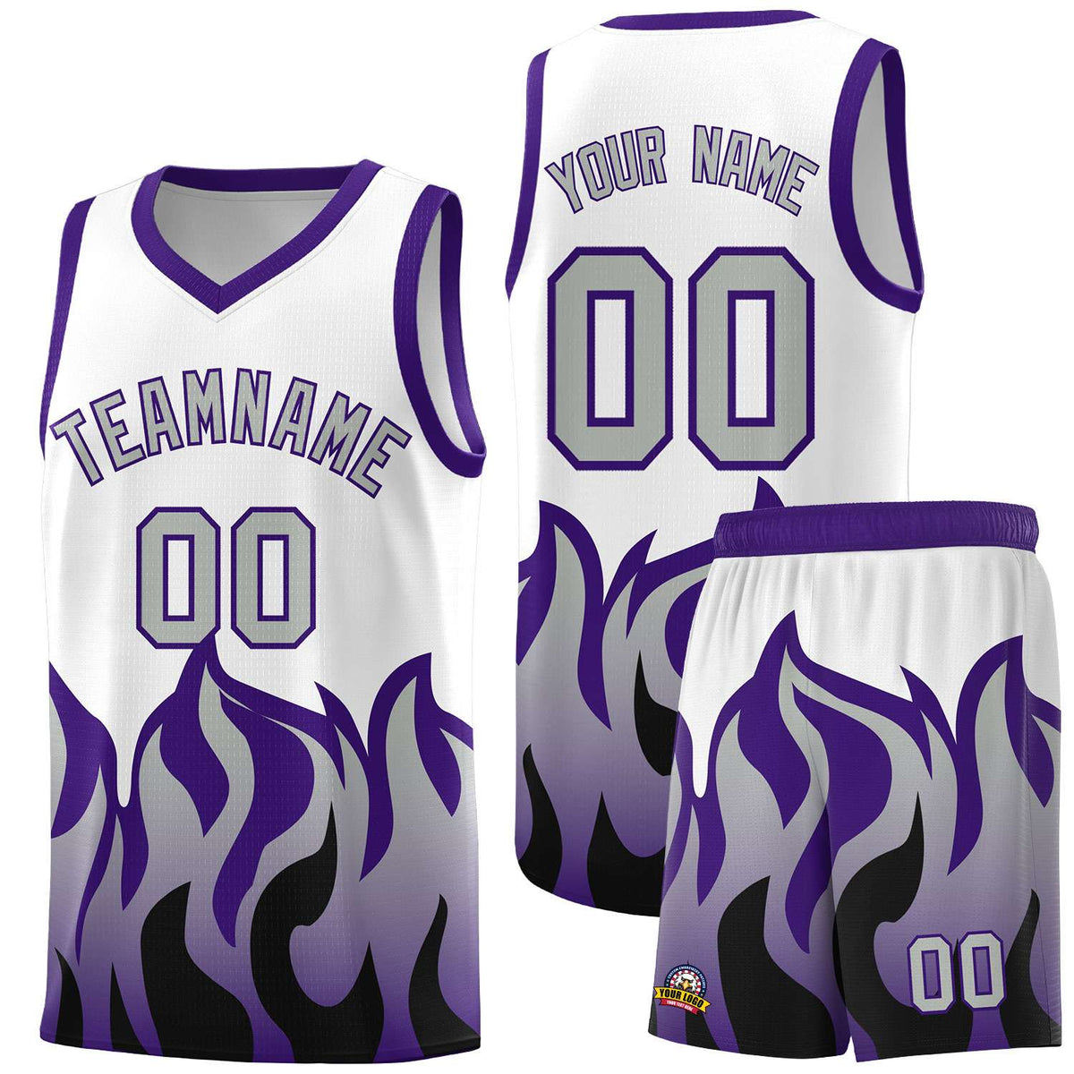 Custom White Purple Hem Flame Pattern Fashion Sports Uniform Basketball Kits