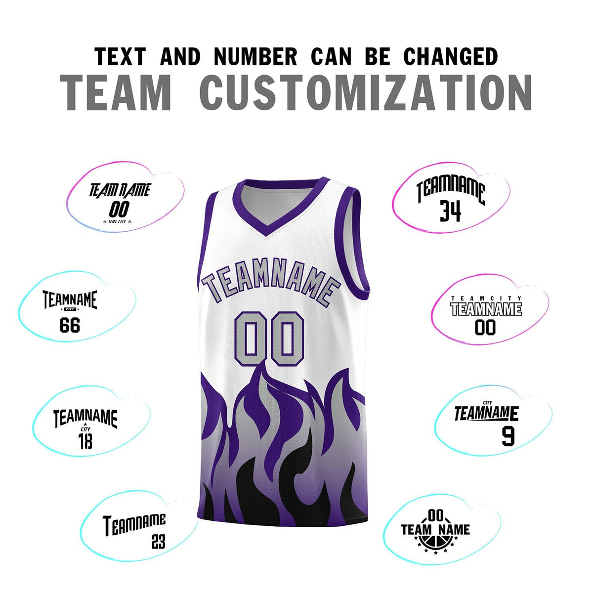 Custom White Purple Hem Flame Pattern Fashion Sports Uniform Basketball Kits