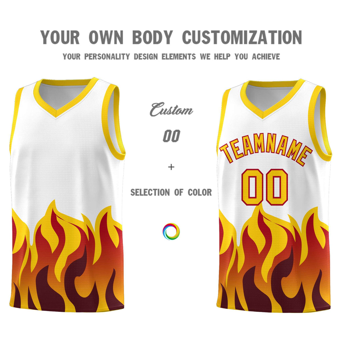 Custom White Gold Hem Flame Pattern Fashion Sports Uniform Basketball Kits