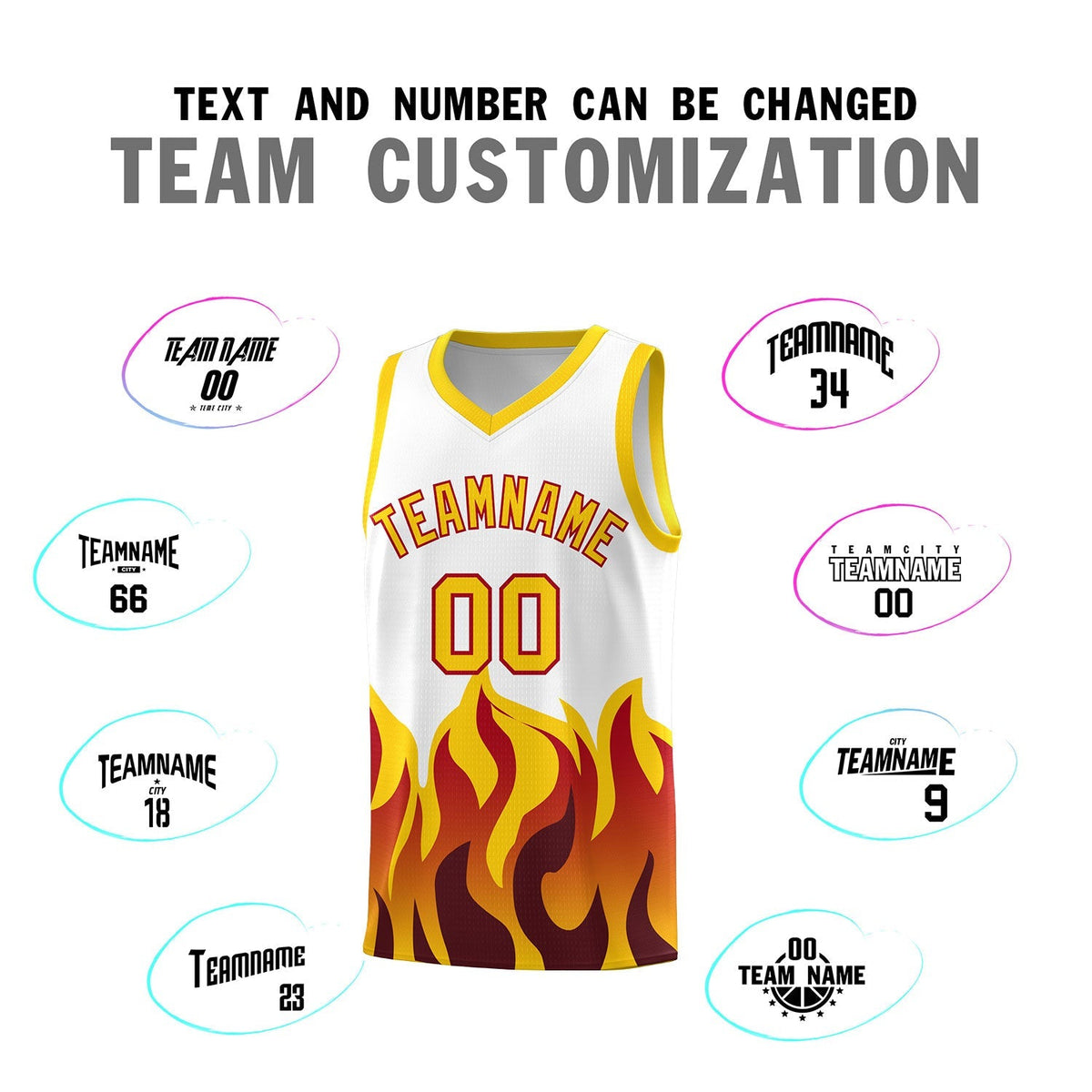 Custom White Gold Hem Flame Pattern Fashion Sports Uniform Basketball Kits