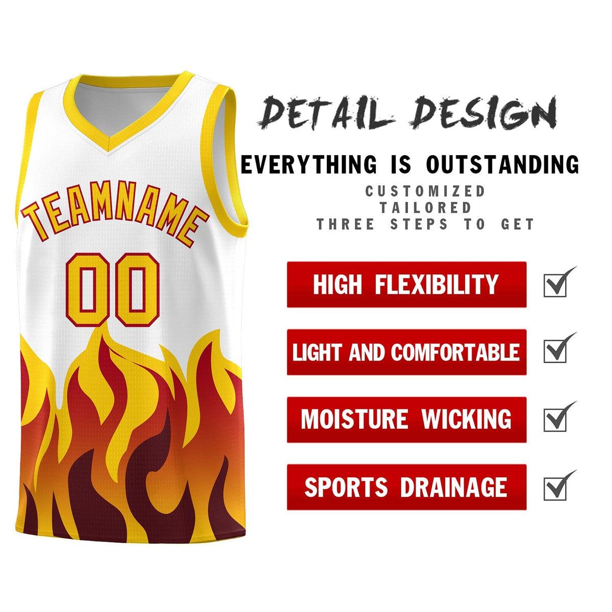 Custom White Gold Hem Flame Pattern Fashion Sports Uniform Basketball Kits