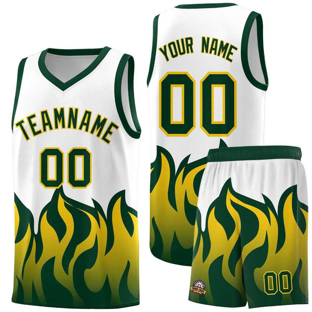 Custom White Hunter Green Hem Flame Pattern Fashion Sports Uniform Basketball Kits
