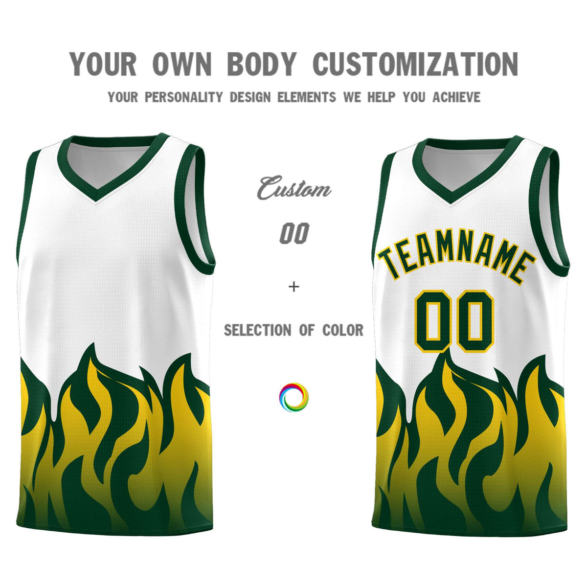 Custom White Hunter Green Hem Flame Pattern Fashion Sports Uniform Basketball Kits