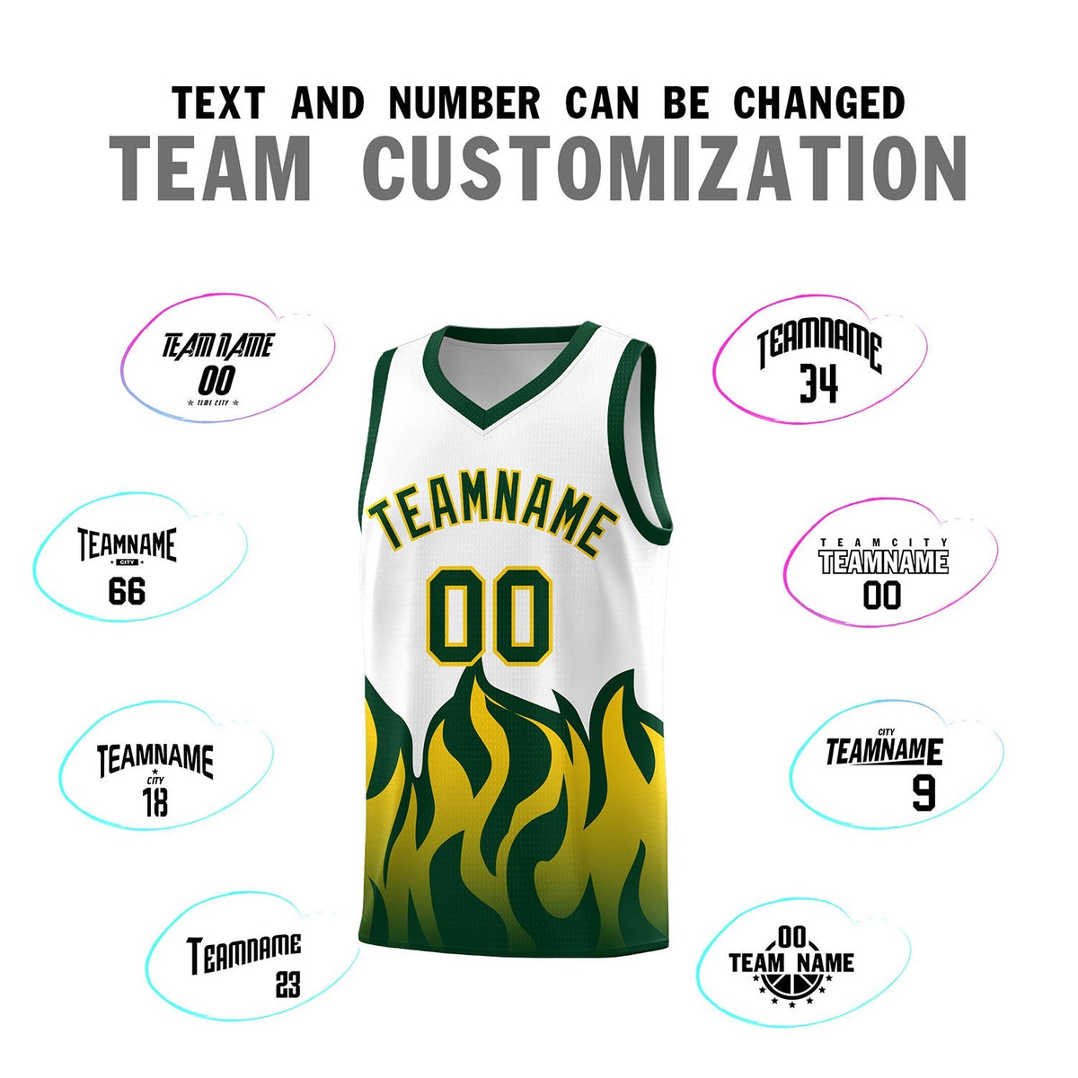 Custom White Hunter Green Hem Flame Pattern Fashion Sports Uniform Basketball Kits
