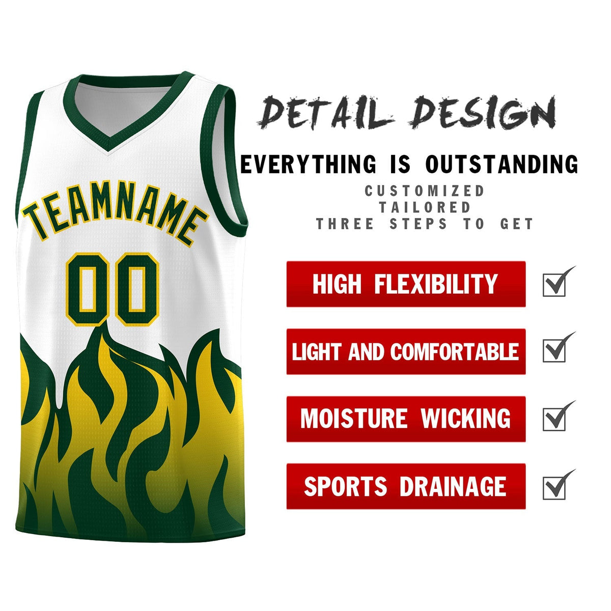 Custom White Hunter Green Hem Flame Pattern Fashion Sports Uniform Basketball Kits