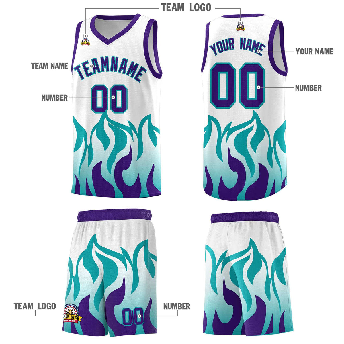 Custom White Aqua Hem Flame Pattern Fashion Sports Uniform Basketball Kits