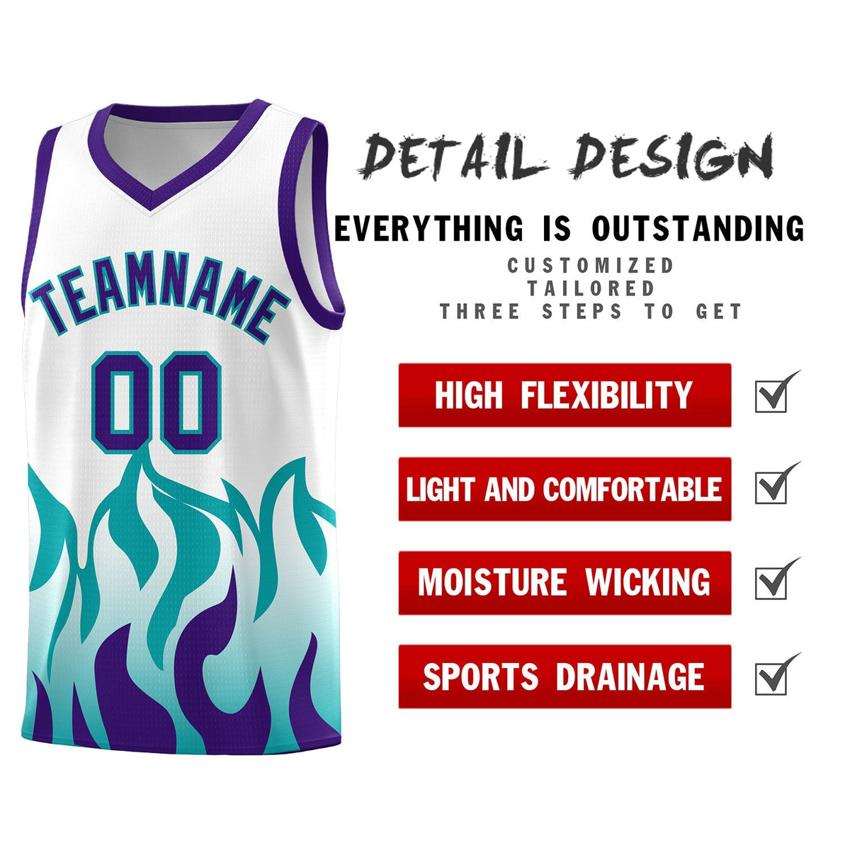 Custom White Aqua Hem Flame Pattern Fashion Sports Uniform Basketball Kits
