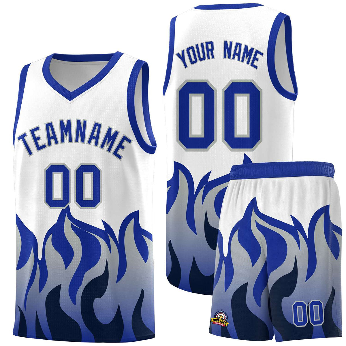 Custom White Royal Hem Flame Pattern Fashion Sports Uniform Basketball Kits