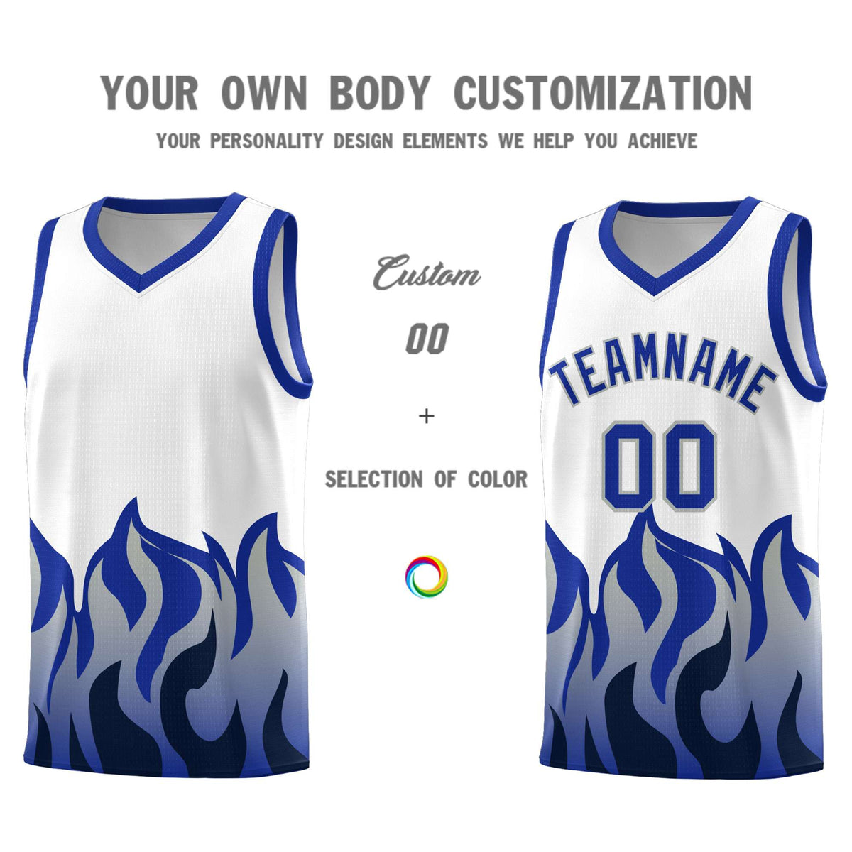 Custom White Royal Hem Flame Pattern Fashion Sports Uniform Basketball Kits