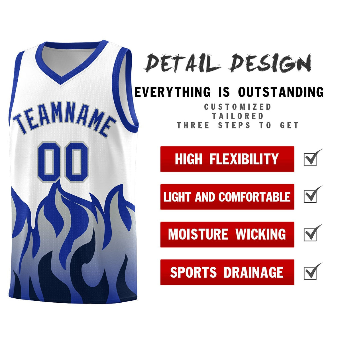 Custom White Royal Hem Flame Pattern Fashion Sports Uniform Basketball Kits
