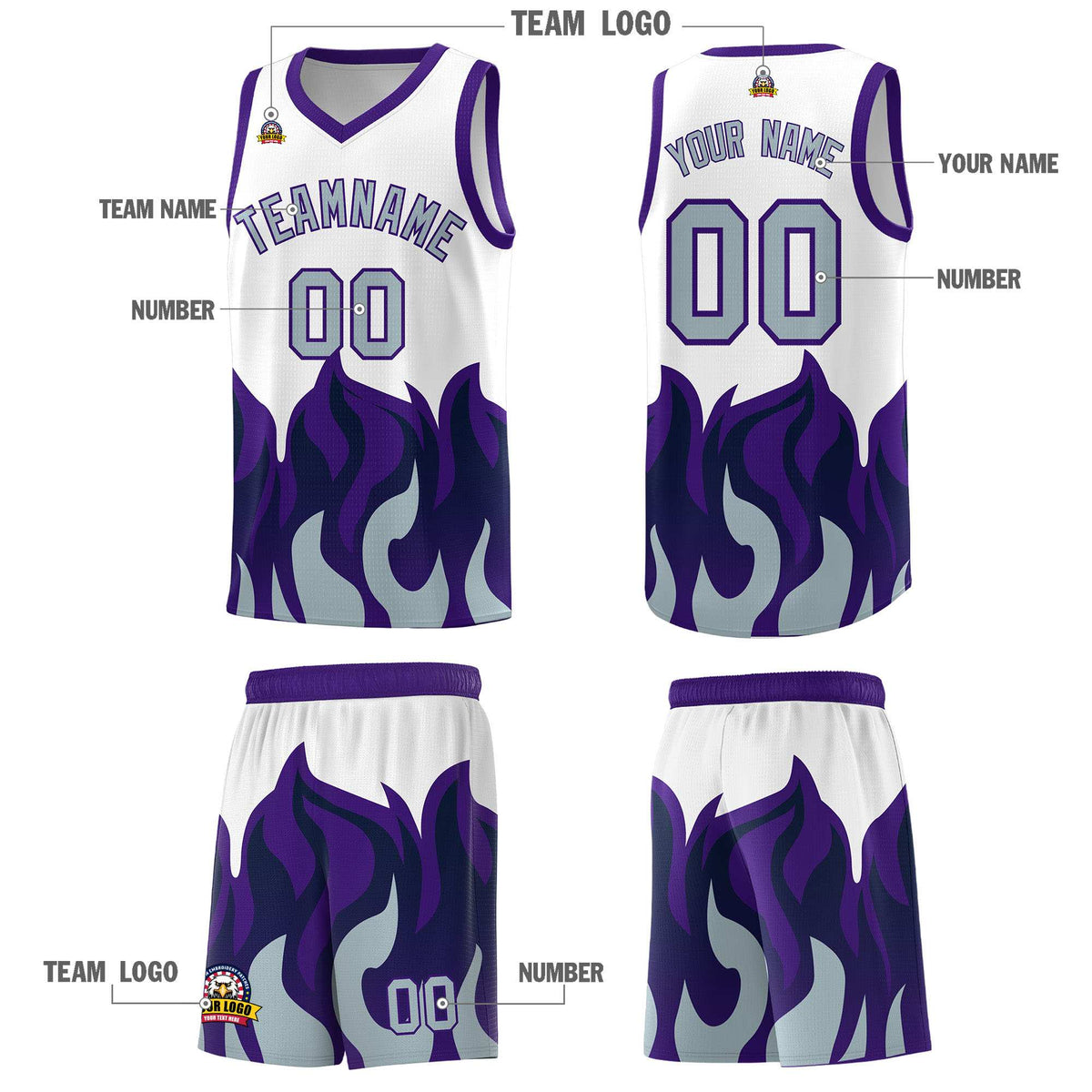 Custom White Purple Hem Flame Pattern Fashion Sports Uniform Basketball Kits