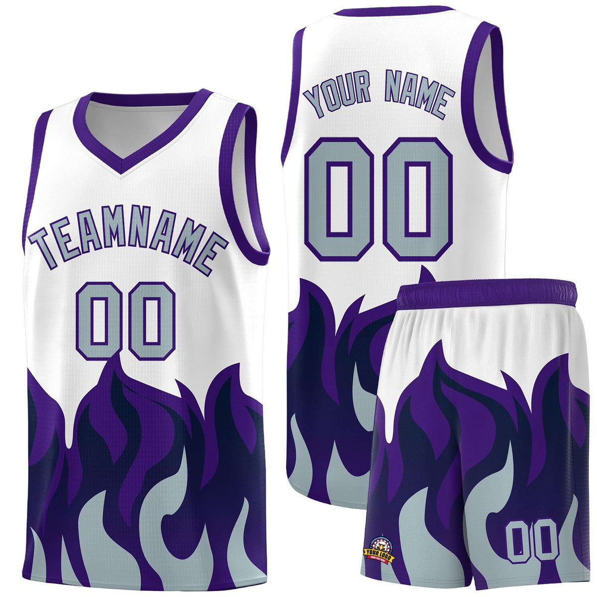 Custom White Purple Hem Flame Pattern Fashion Sports Uniform Basketball Kits