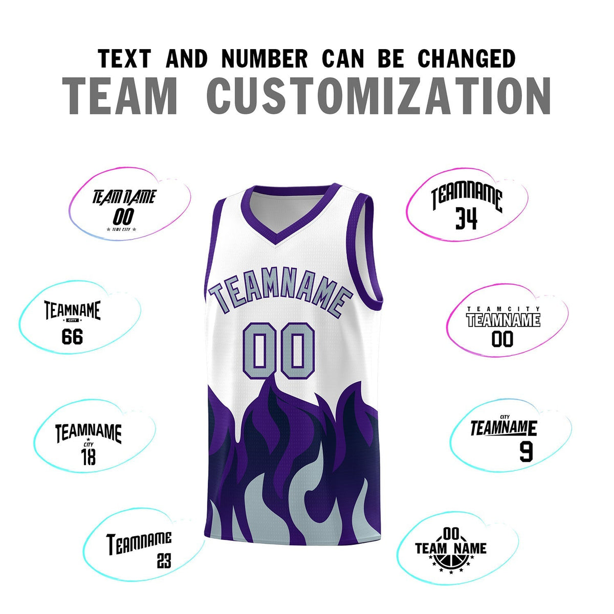 Custom White Purple Hem Flame Pattern Fashion Sports Uniform Basketball Kits