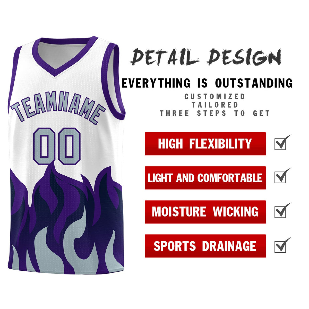 Custom White Purple Hem Flame Pattern Fashion Sports Uniform Basketball Kits