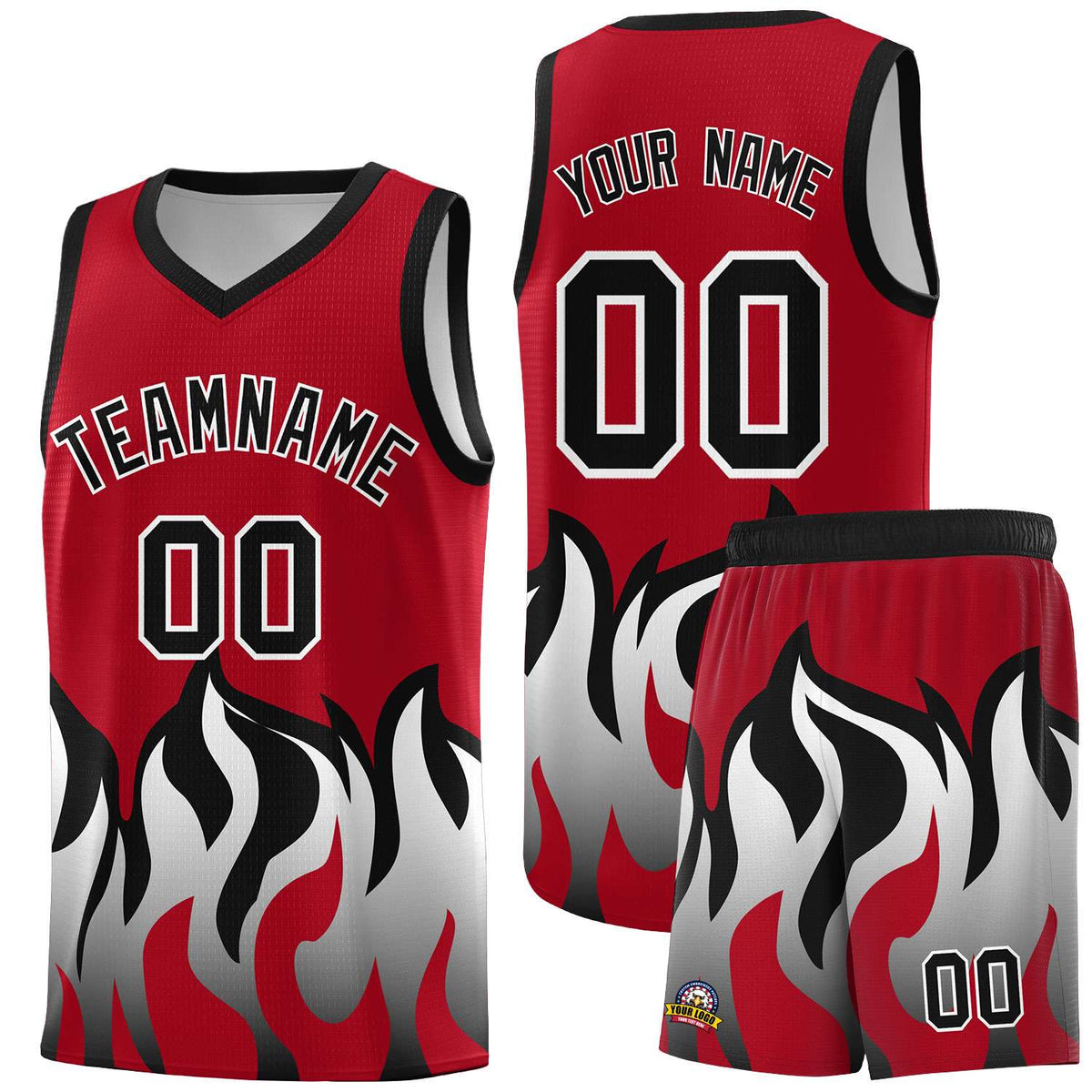 Custom Red Black Hem Flame Pattern Fashion Sports Uniform Basketball Kits