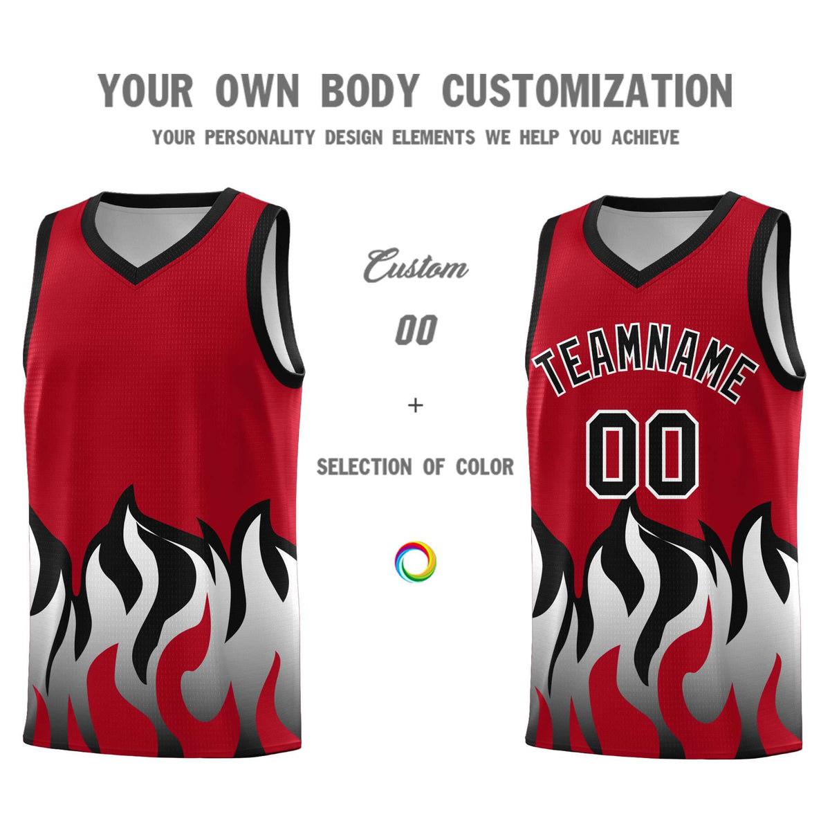 Custom Red Black Hem Flame Pattern Fashion Sports Uniform Basketball Kits