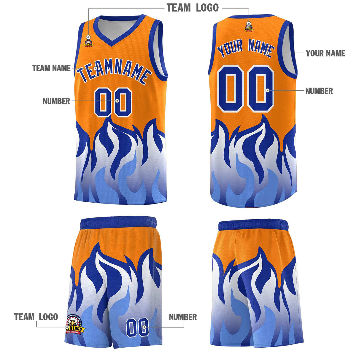 Custom Orange Royal Hem Flame Pattern Fashion Sports Uniform Basketball Kits
