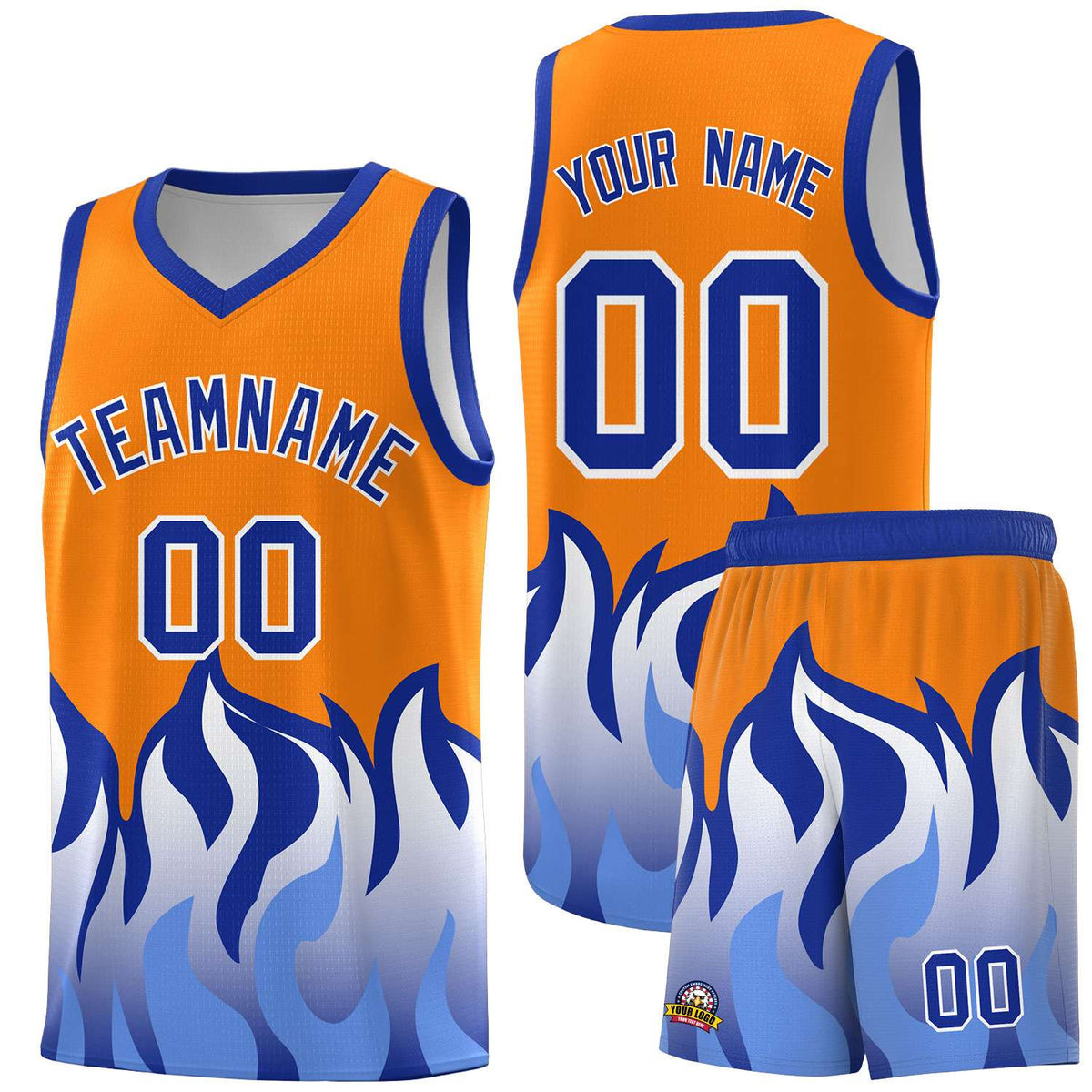 Custom Orange Royal Hem Flame Pattern Fashion Sports Uniform Basketball Kits