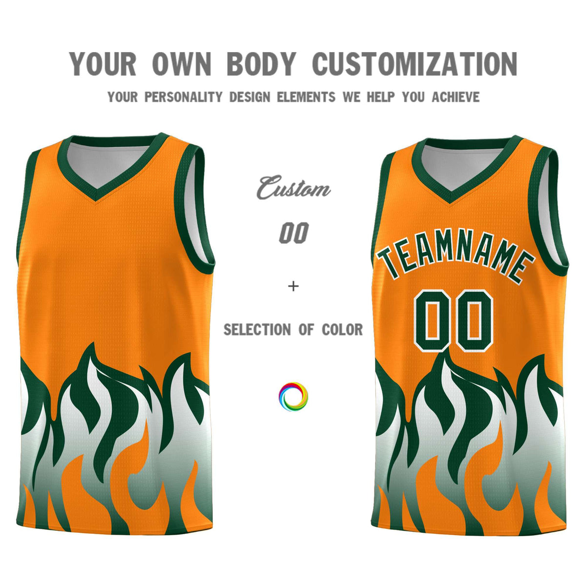 Custom Orange Hunter Green Hem Flame Pattern Fashion Sports Uniform Basketball Kits