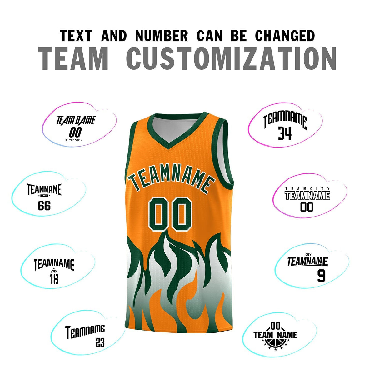 Custom Orange Hunter Green Hem Flame Pattern Fashion Sports Uniform Basketball Kits