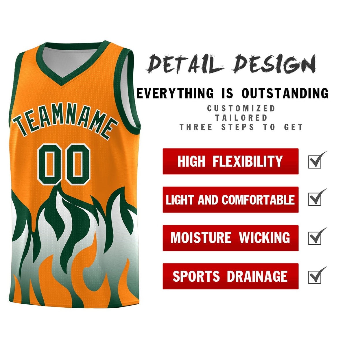 Custom Orange Hunter Green Hem Flame Pattern Fashion Sports Uniform Basketball Kits