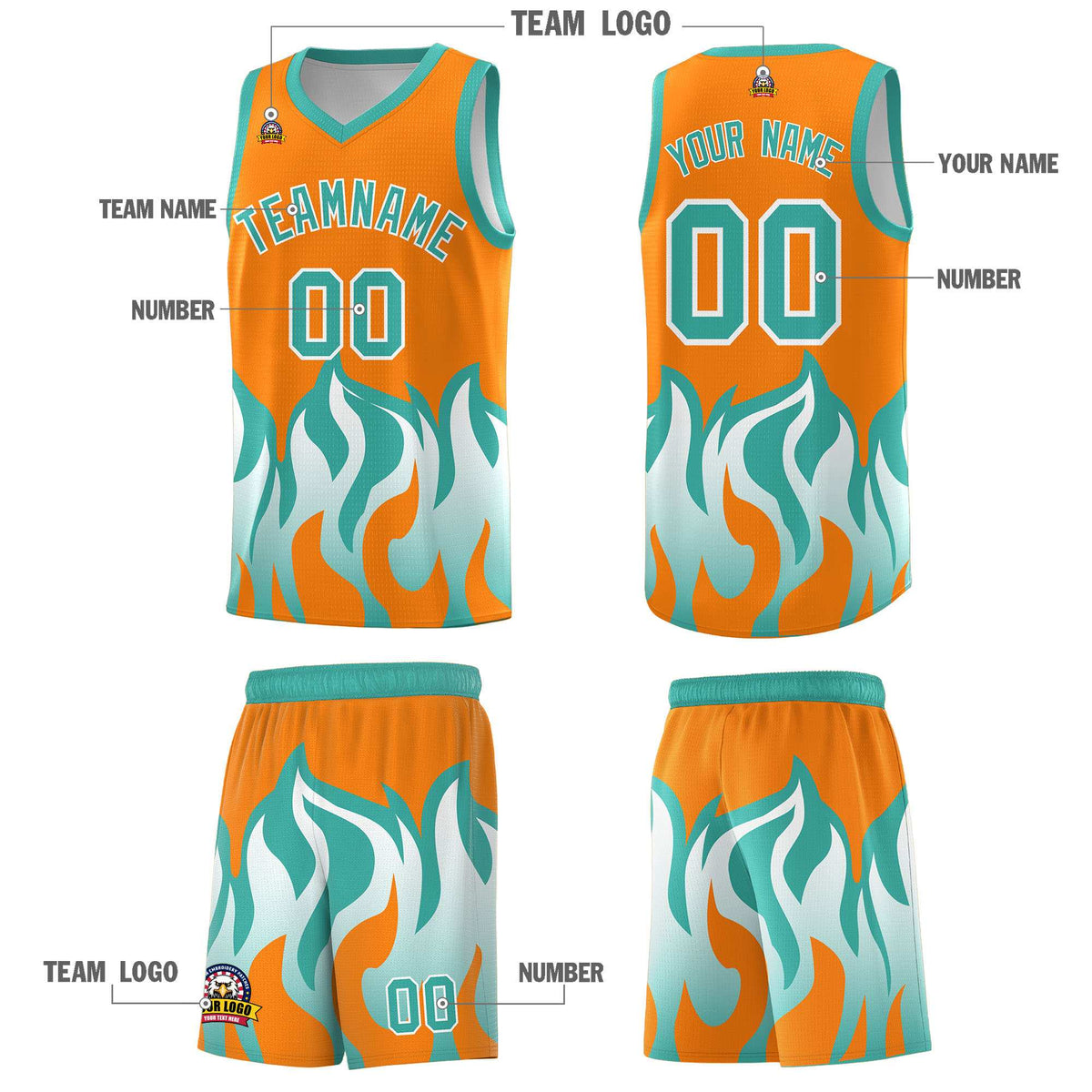 Custom Orange Bright Green Hem Flame Pattern Fashion Sports Uniform Basketball Kits