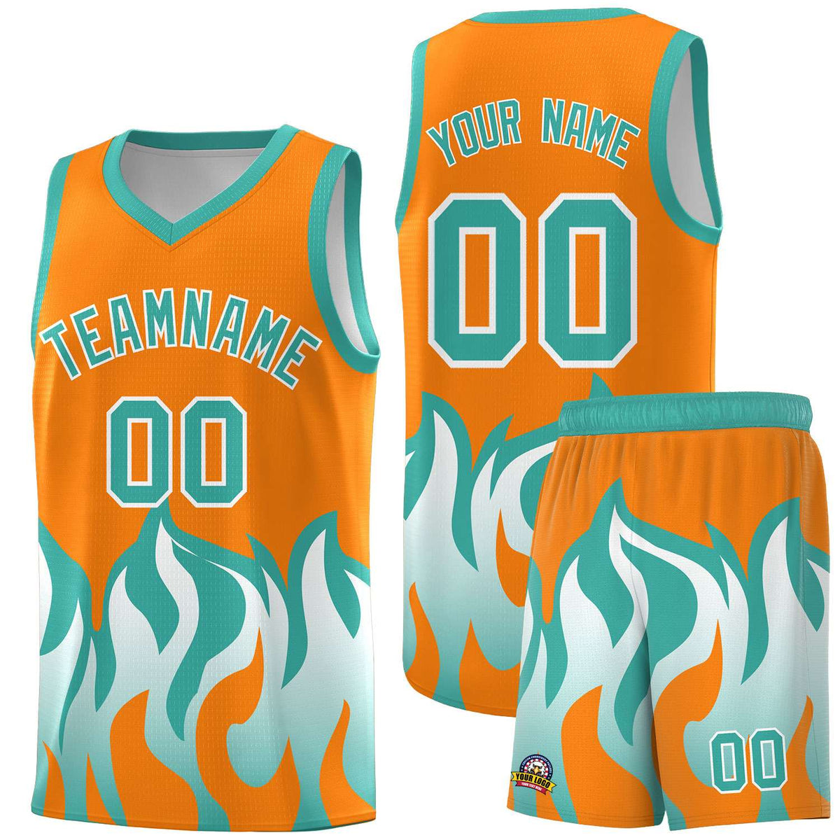 Custom Orange Bright Green Hem Flame Pattern Fashion Sports Uniform Basketball Kits