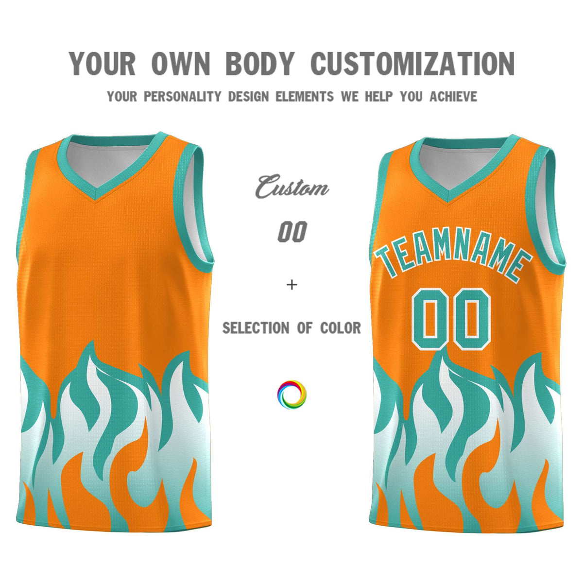Custom Orange Bright Green Hem Flame Pattern Fashion Sports Uniform Basketball Kits