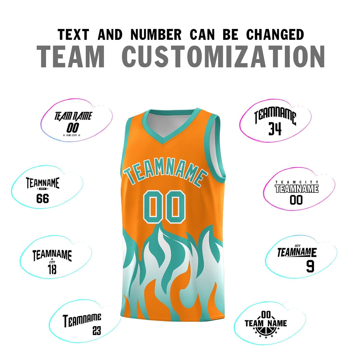 Custom Orange Bright Green Hem Flame Pattern Fashion Sports Uniform Basketball Kits