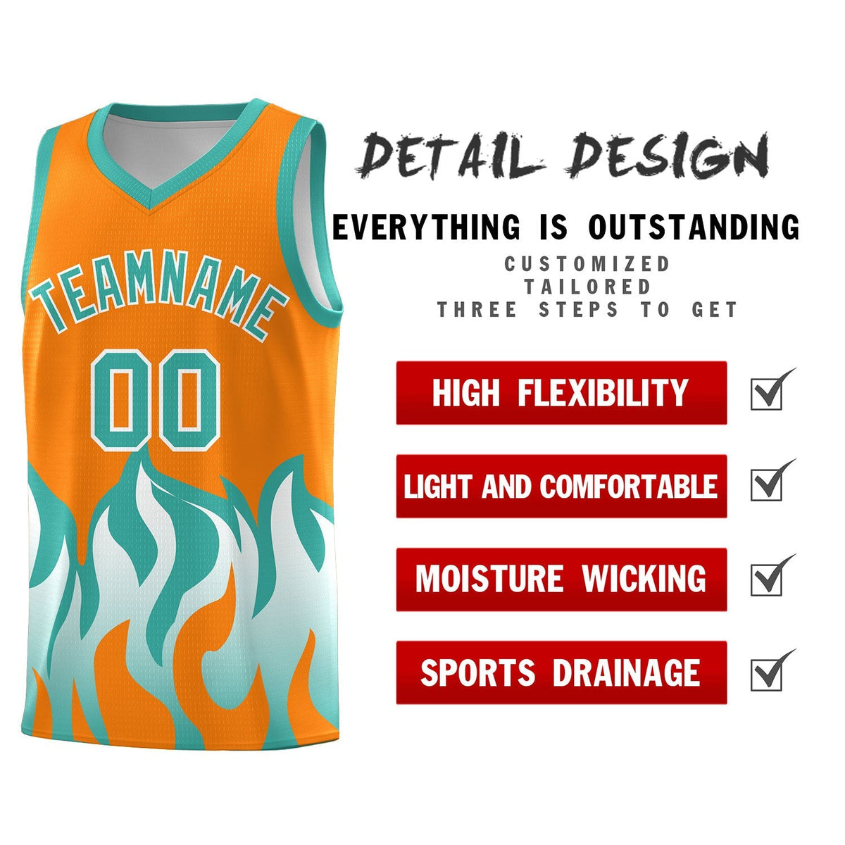 Custom Orange Bright Green Hem Flame Pattern Fashion Sports Uniform Basketball Kits