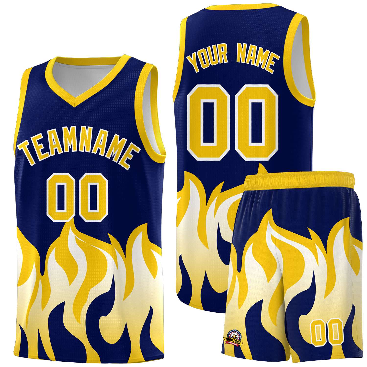 Custom Navy Gold Hem Flame Pattern Fashion Sports Uniform Basketball Kits
